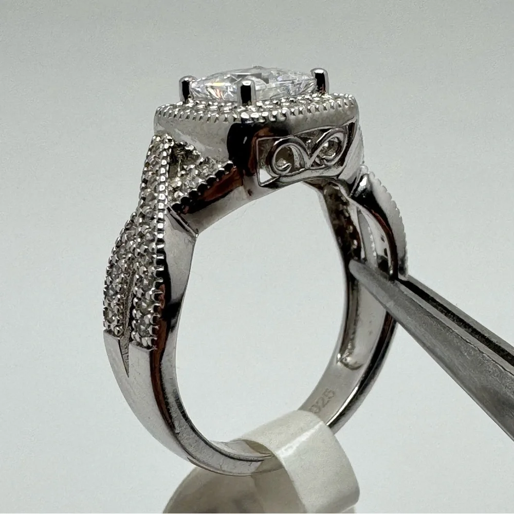 Sterling Silver CZ Double Band Ring Size 5 Halo Princess Cut New